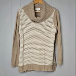 Calvin Klein Womens Cowl Neck‎ Sweater Tan Cream Honeycomb Knit Pullover Large